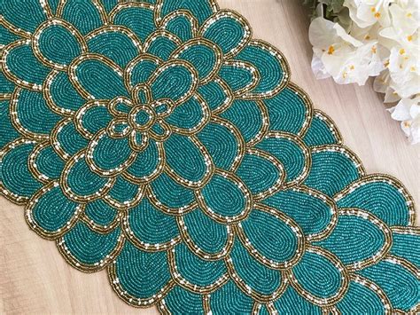 Handmade Bead Table Runner Peacock Floral Beaded Runner Etsy