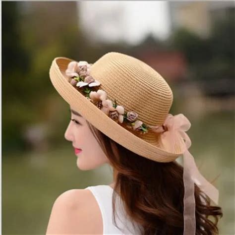 Summer Handmade Flower Straw Hat Women S Garland Sunbonnet Bucket Hat Roll Up Hem Beach Cap Sun