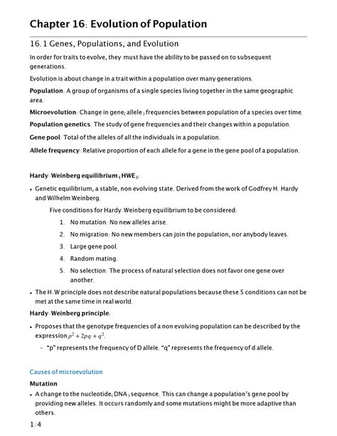 Chapter 16 Notes Evolution Of Population Chapter 16 Evolution Of