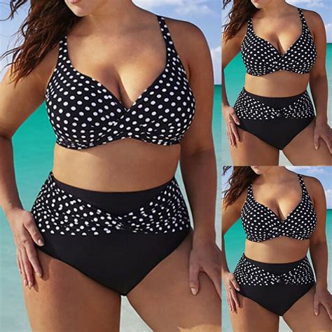 Plus Size Women Bikini Set Polka Dot High Waist Bathing Suit Swimwear