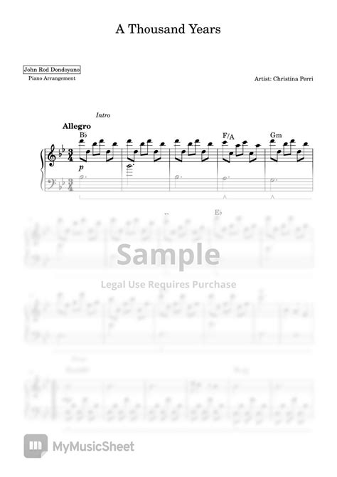 Christina Perri A Thousand Years PIANO SHEET Sheets By John Rod