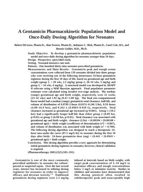 Pdf A Gentamicin Pharmacokinetic Population Model And Once Daily