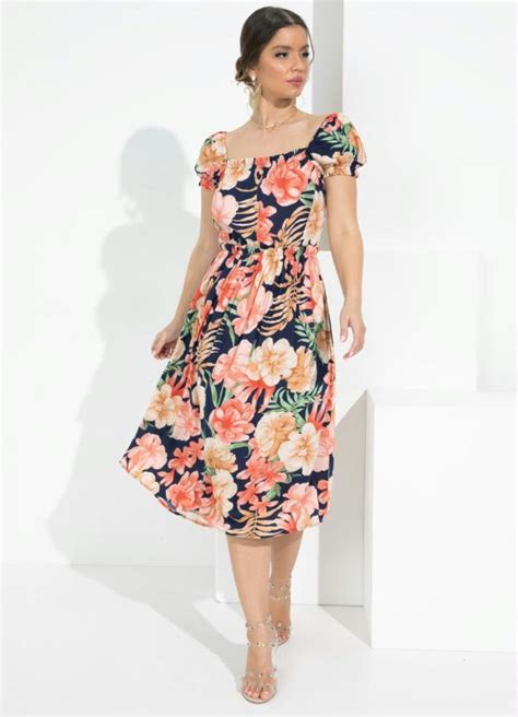 Vestido Floral Decote Quadrado Em Viscose Plana Queima De Estoque