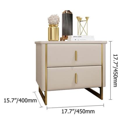 Modern Beige Nightstand Drawer Faux Leather Bedside Table In Gold