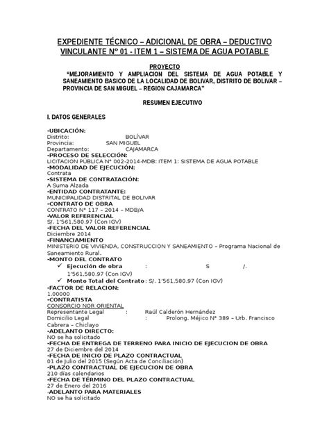 Pdf Adicional De Obra Deductivo Vinculante N° 01 Item 1 Sistema