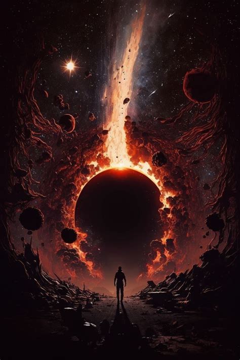 A Man Standing In Front Of A Giant Black Hole Surrounded By Stars And Lavas