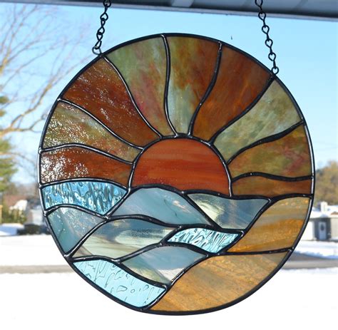 Round Stained Glass Panel Handmade Sun Sunrise Sunset Over The Etsy