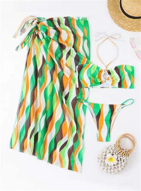Womens Three Piece Abstract Wave Print Bikini Set With O Ring Bandeau