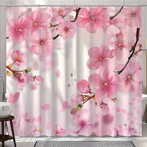 Cherry Blossom Flower Cartoon Pattern Shower Curtain Set Pink Design White Background Hyper