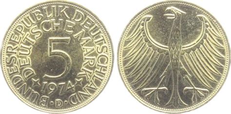 Deutschland BRD 5 Mark 1974 D Silberadler Vergoldet Vz St MA Shops