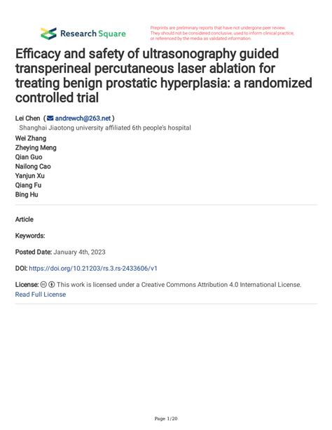 Pdf Efficacy And Safety Of Ultrasonography Guided Transperineal Percutaneous Laser Ablation