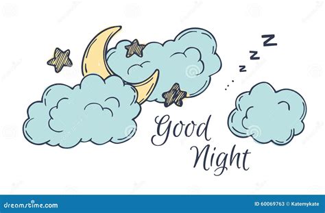 Hand Drawn Vector Illustration - Good Night, Card with Moon Stock ...