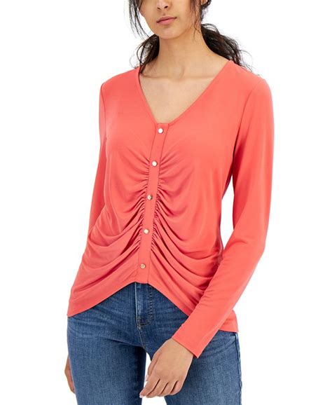 Inc International Concepts Womens Ruched Button Detail Long Sleeve Top