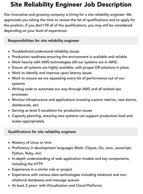 Site Reliability Engineer Job Description Velvet Jobs