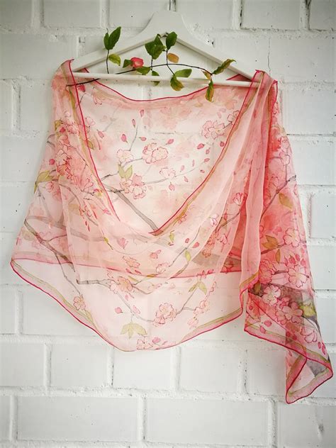 Cherry Blossoms Pink Silk Scarf Hand Painted Chiffon Scarf Etsy