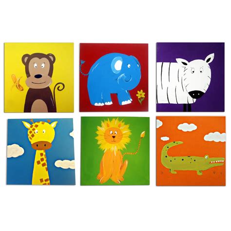 Jungle Animal Art on Canvas X 6, Nursery Art, Jungle Animal Painting ...