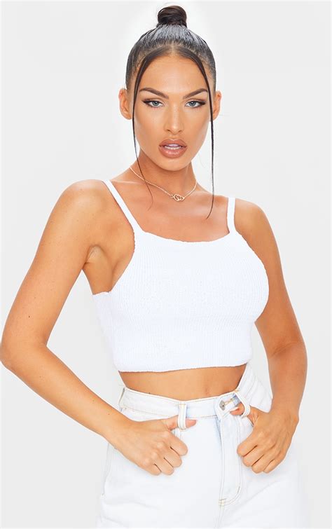 White Knit Strappy High Neck Crop Top Prettylittlething Ca