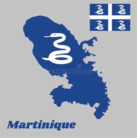 Map Outline and Flag of Martinique, Four White Snake on Blue Field and ...