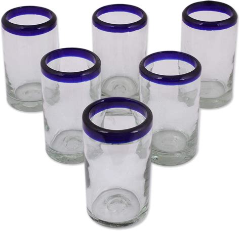 Novica Artisan Crafted Hand Blown Clear Blue Rim Recycled Glass Juice Glasses 43in H X 26in