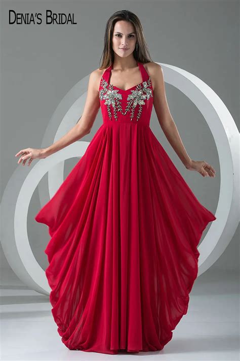 2017 Red A Line Evening Dresses With Halter Neckline Floor Length