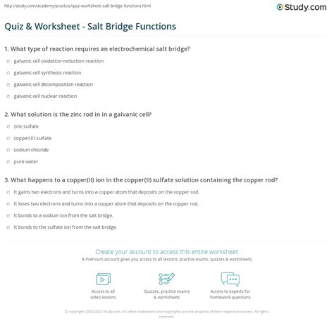 Quiz Worksheet Salt Bridge Functions Study