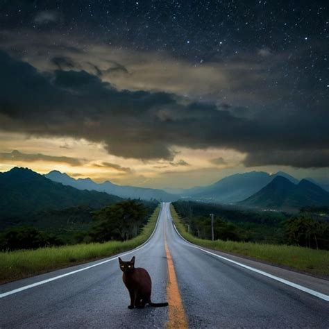 Un Gato Se Sienta En El Camino Frente A Una Cordillera Vector Premium