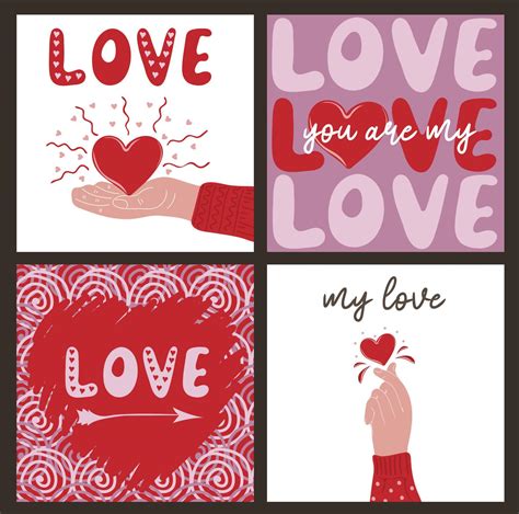 Set of hand drawn templates greeting cards with romantic objects and ...