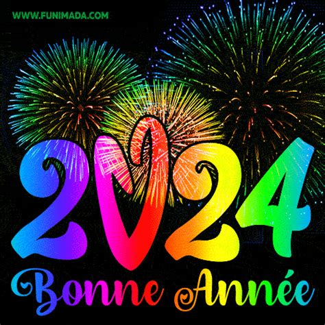 Bonne Année 2024 Feu d artifice arc en ciel Image animée Funimada