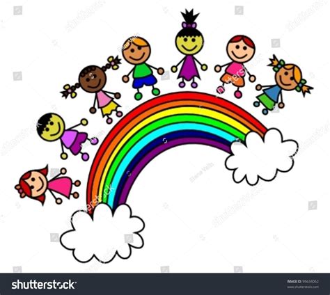 Children Standing On Rainbow Clouds Stock Vector Royalty Free