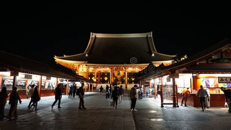 Sensoji Temple Night View, Asakusa. Many Tourists Walk at Night ...