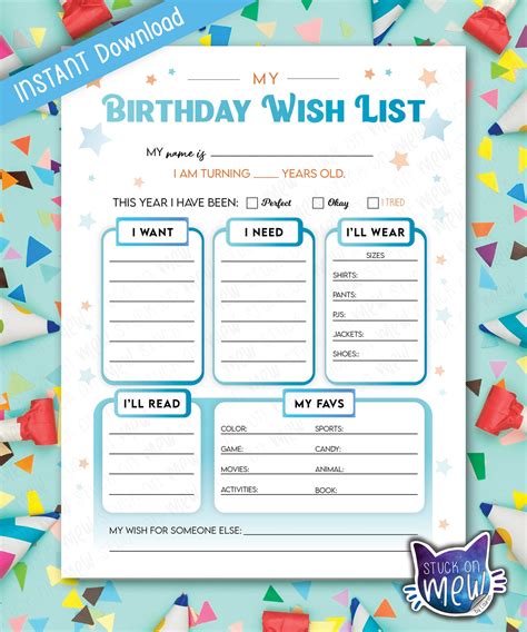 Printable Birthday Gift Wish List Template, Kid's Birthday Wish List