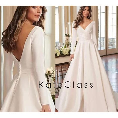 Elegant V Neck Satin Wedding Dresses Simple Long Sleeves Backless A