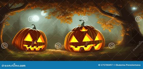 Spooky Halloween Forest With Scary Black Trees And Pumpkins On Ground Glow Stock Vector