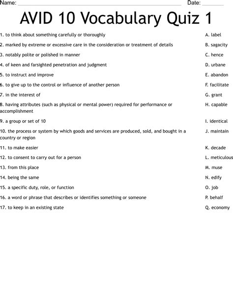 Avid 10 Vocabulary Quiz 1 Worksheet Wordmint