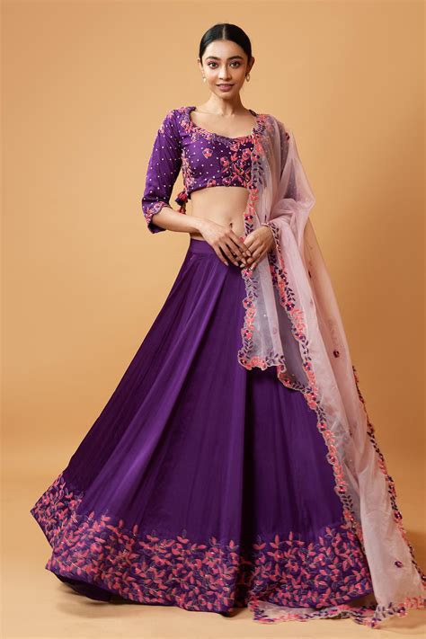 Buy Quench A Thirst Purple Modal Silk Floral Embroidered Lehenga Set