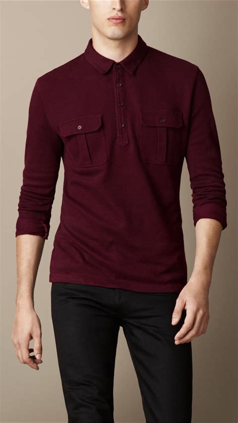 Burberry Long Sleeve Military Polo Shirt In Purple For Men Lyst