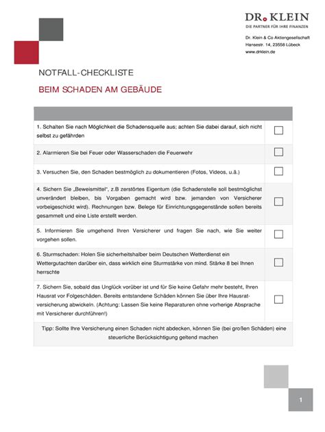 Fillable Online Drklein Notfall Checkliste Beim Schaden Am Gebude Fax