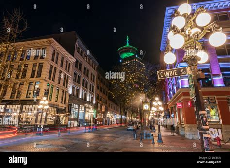 Gastown Steam Clock And Downtown Beautiful Street View At Night Cambie