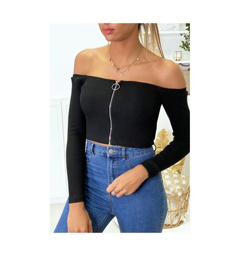 Crop Top Col Bateau Noir Avec Zip En Maille Tricot Extensible Mode Femme