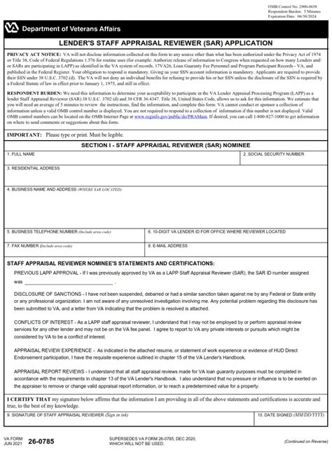 Va Form 26 0785 Lenders Staff Appraisal Reviewer Sar Application