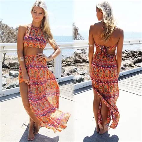 Summer Style Sexy Cute 2 Piece Set Women Bohemian Print Crop Top And High Slit Maxi Skirts Beach