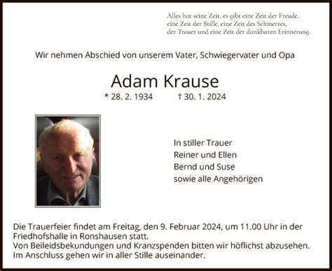 Traueranzeigen Von Adam Krause Trauer HNA De