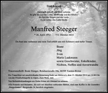 Alle Traueranzeigen F R Manfred Steeger Trauer Rp Online De