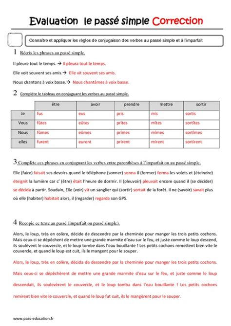 Passé simple Cm2 Evaluation Pass Education