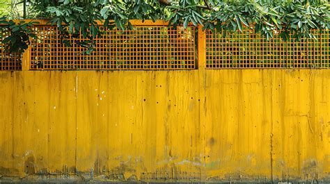 Yellow Concrete Wall Fence With Steel Grating In Forest Garden Background Concrete Day