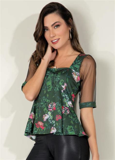 Blusa Selva Verde Com Mangas Em Tule Quintess