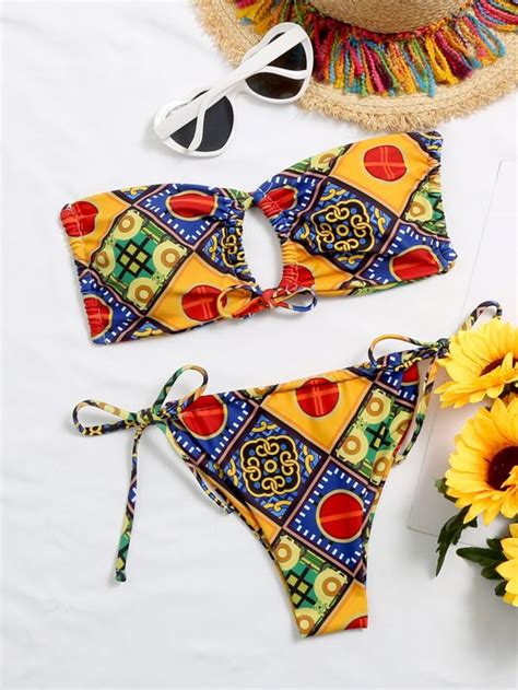 Shein Swim Bohofeel Mixed Print Bikini Set Self Tie Bandeau Bra And Thong Bottom 2 Piece Bathing