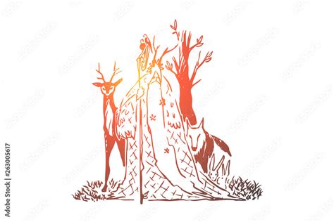 Forest druid with long beard and wooden staff, old wizard, wolf and deer, wise sorcerer ...