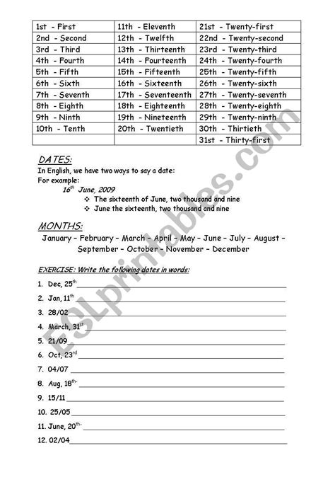 Ordinal Numbers Dates And Months Of The Year ESL Worksheet By