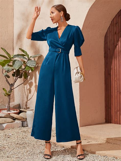 Surplice Front Puff Sleeve Wide Leg Belted Jumpsuit Shein Usa